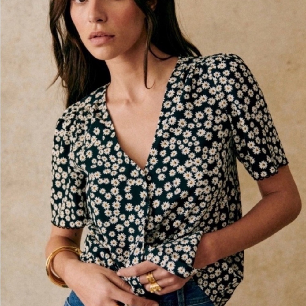 Sezane Daisy Print Indira V-Neck Blouse